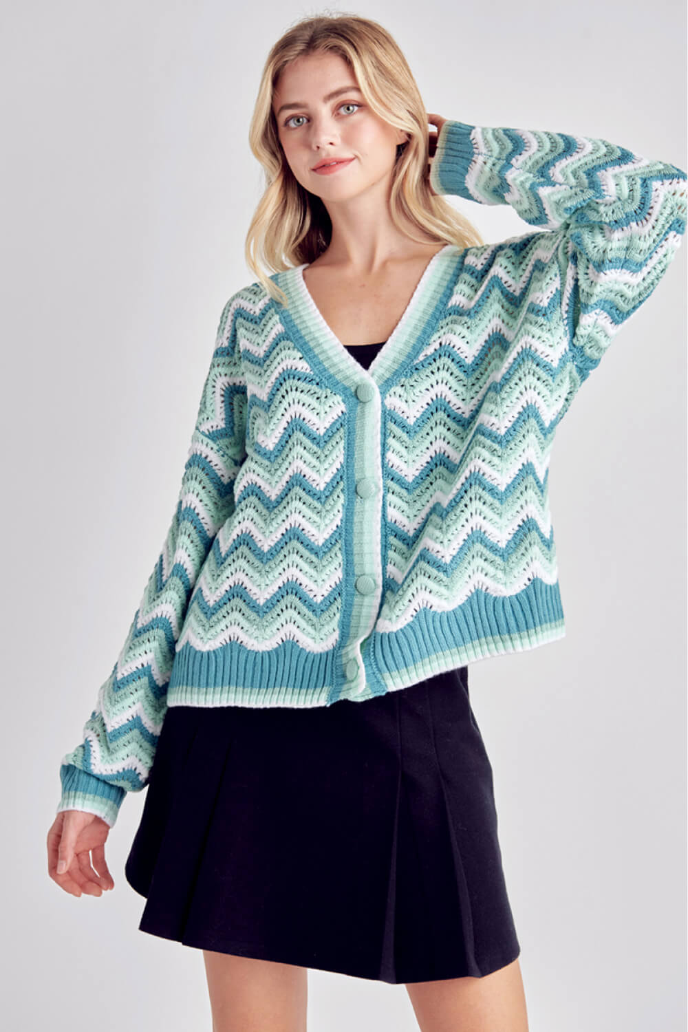 Petal Dew Chevron Openwork Button-Up Cardigan