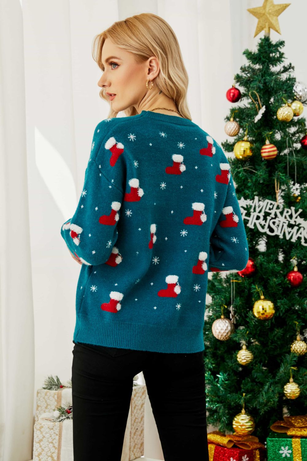 Christmas Hat Round Neck Dropped Shoulder Sweater