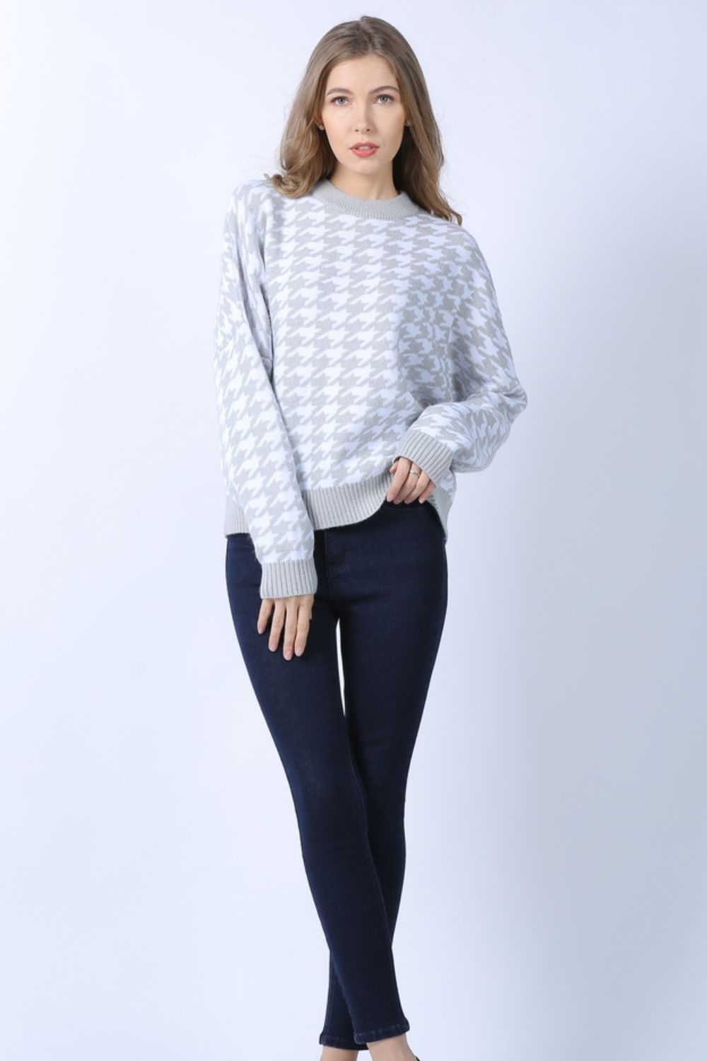 Houndstooth Dropped Shoulder Crewneck Sweater