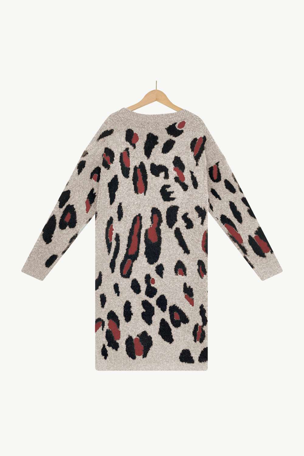 Animal Print Open Front Ribbed Trim Duster Cardigan with Pockets