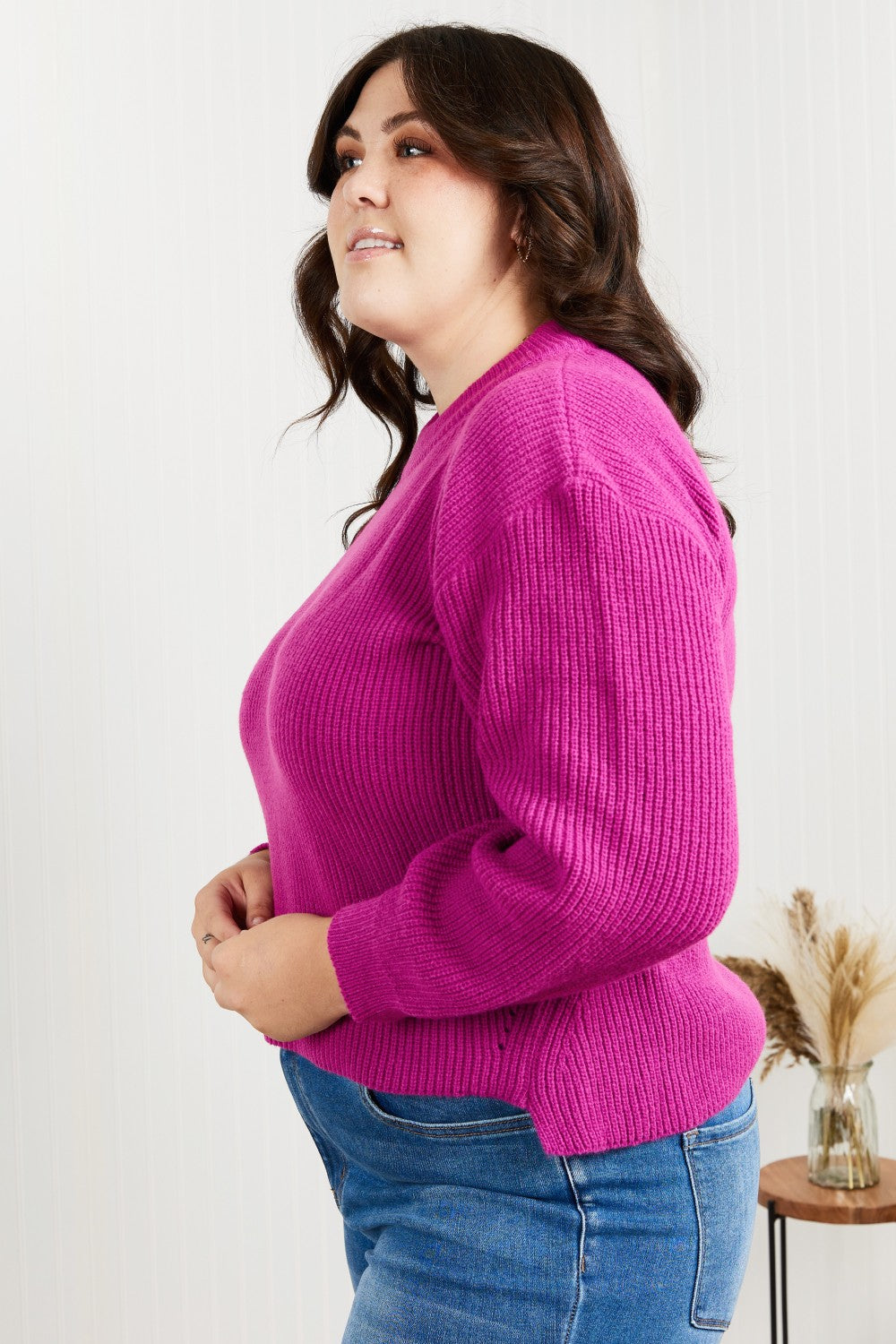 Heimish Losing Track Full Size Hem Detail Rib-Knit Sweater in Magenta