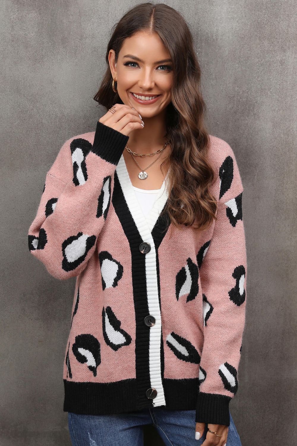 Leopard Ribbed Trim Drop Shoulder Cardigan