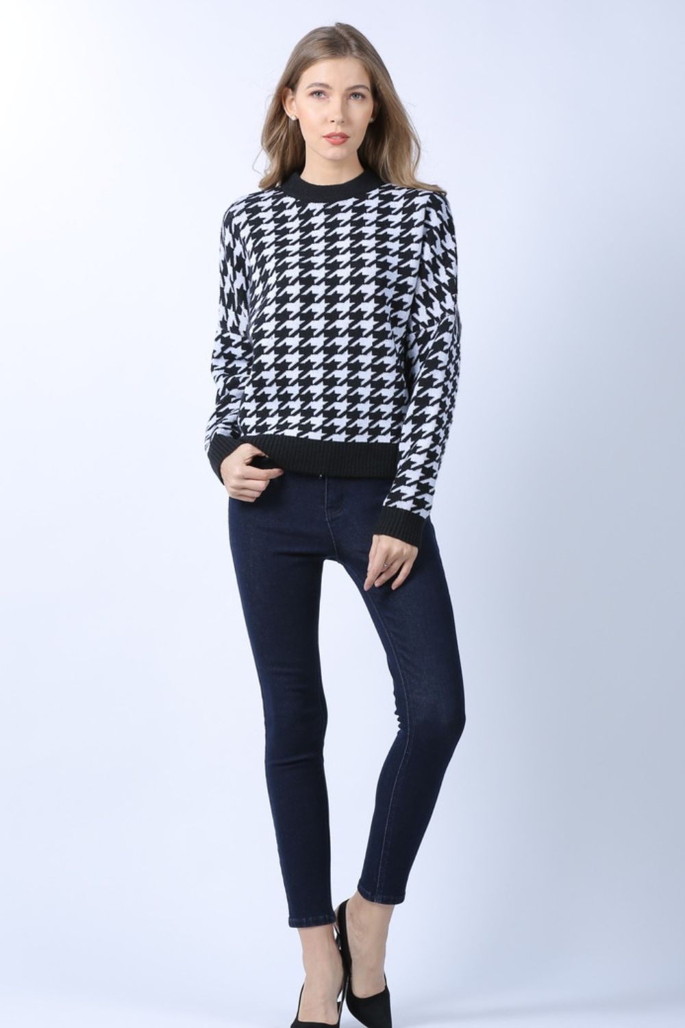 Houndstooth Dropped Shoulder Crewneck Sweater