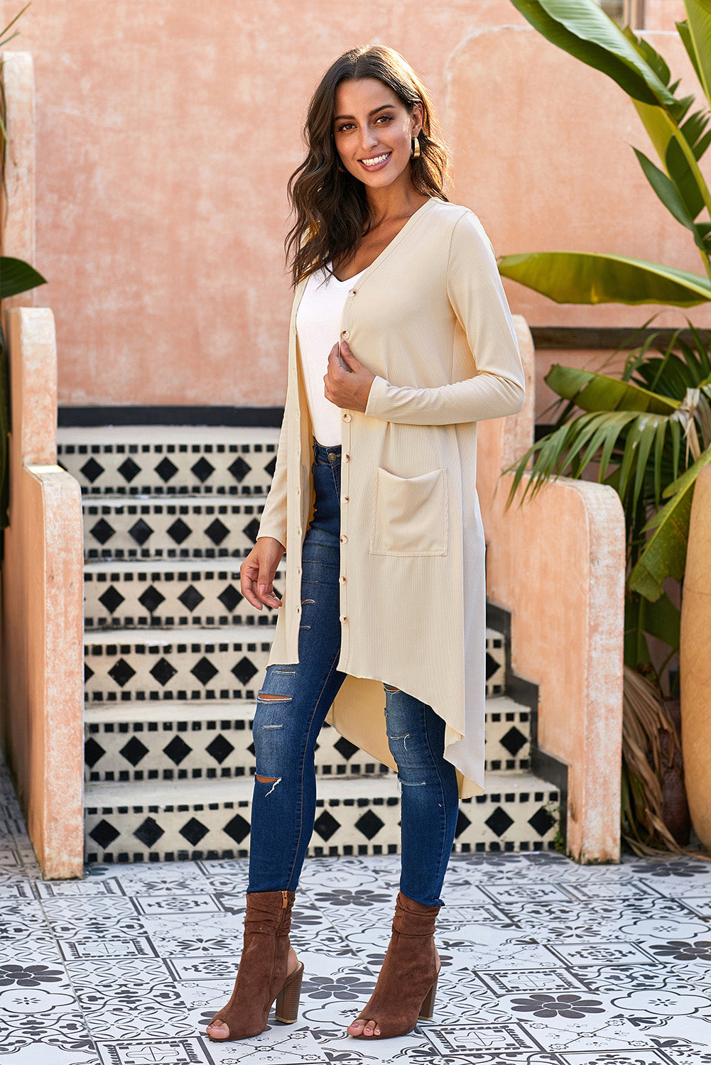 V-Neck High-Low Cardigan with Pockets