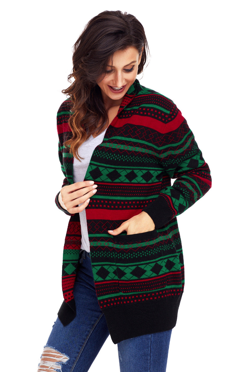 Geometric Print Open Front Longline Cardigan with Pockets