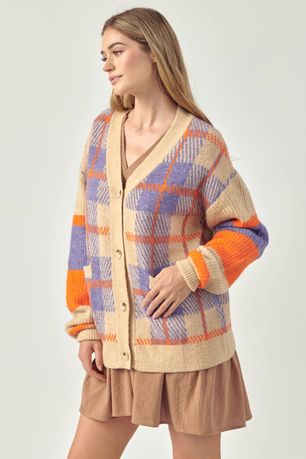Petal Dew Plaid Button-Up Pocket Cardigan