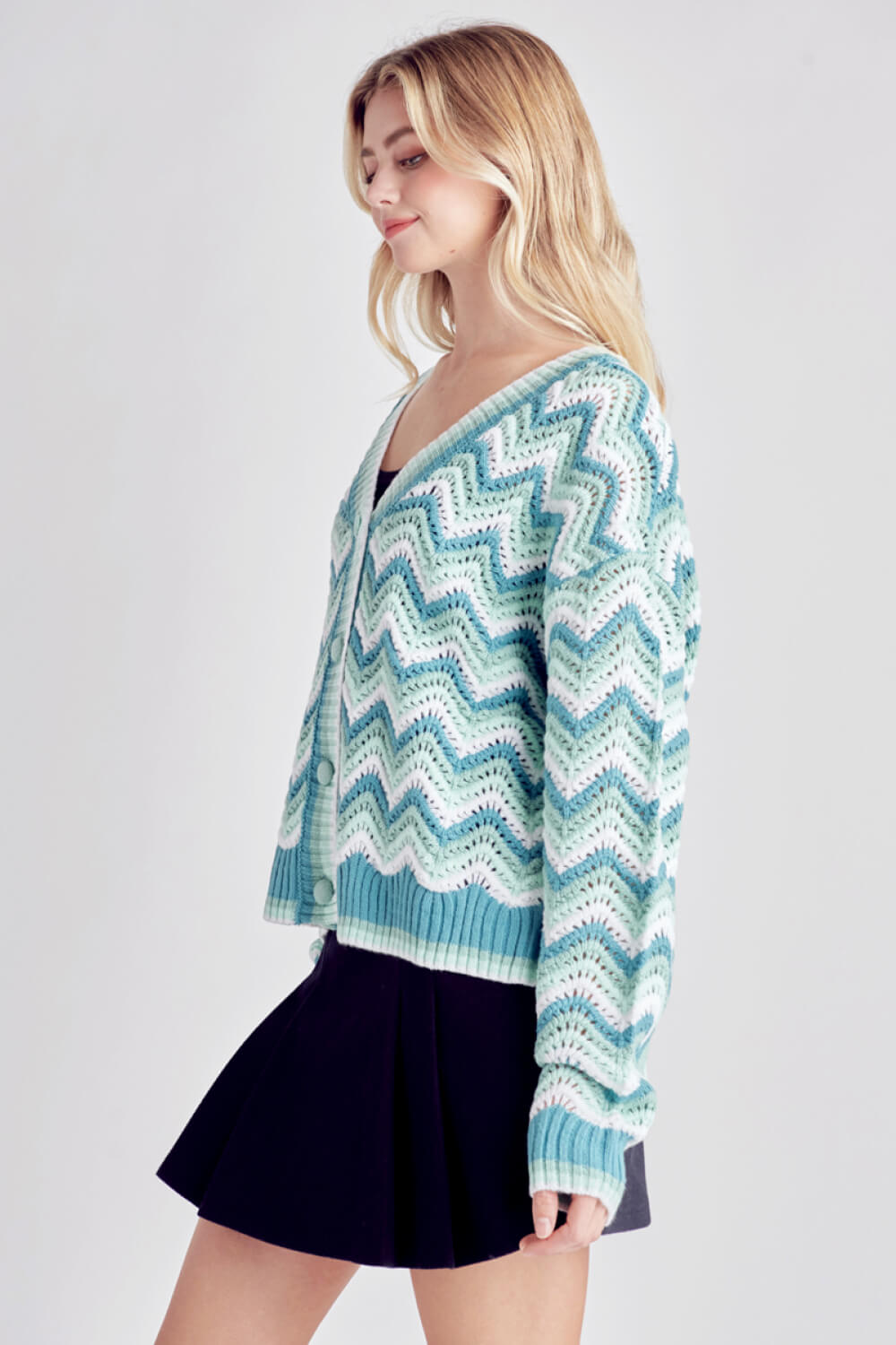 Petal Dew Chevron Openwork Button-Up Cardigan