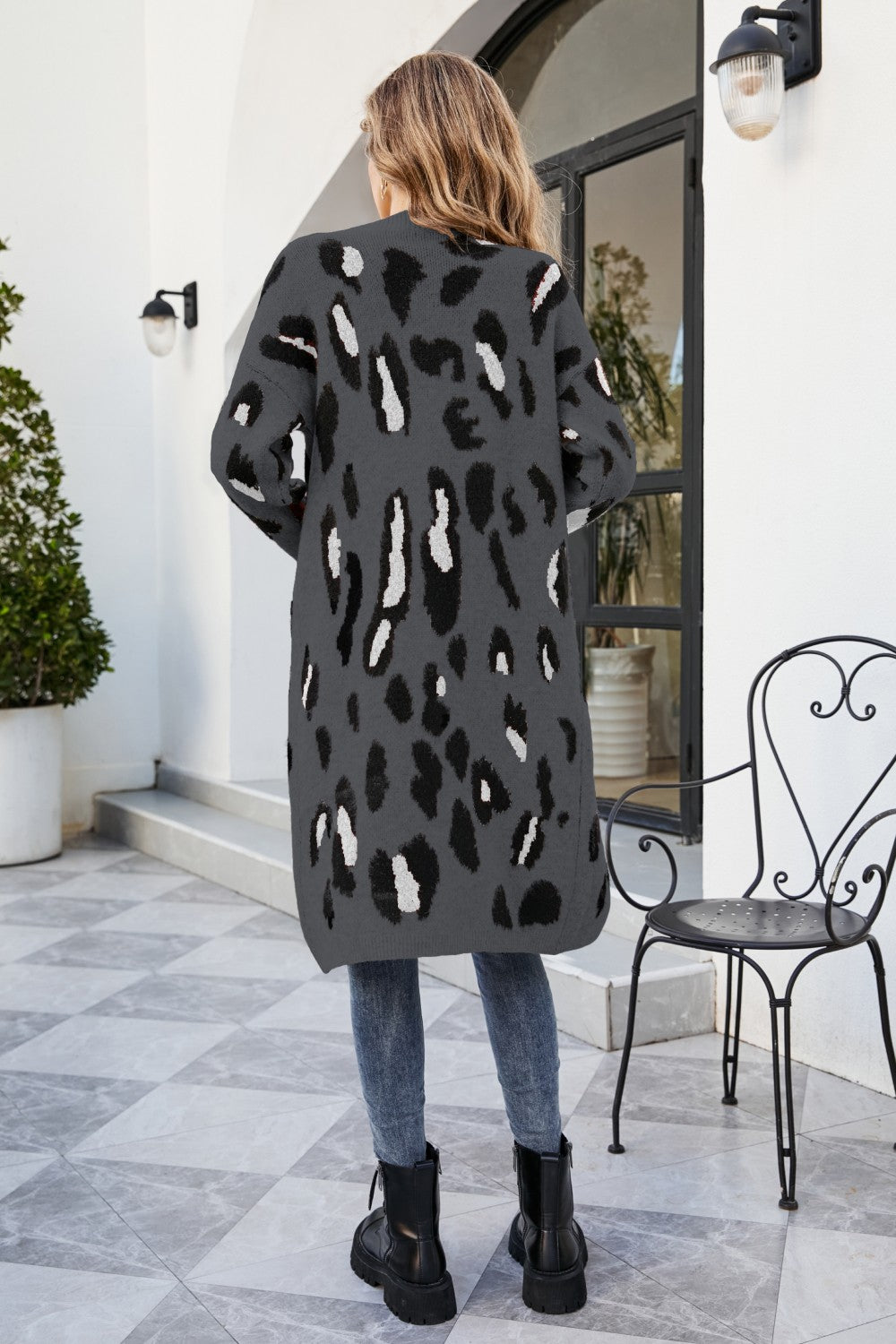 Animal Print Open Front Ribbed Trim Duster Cardigan with Pockets