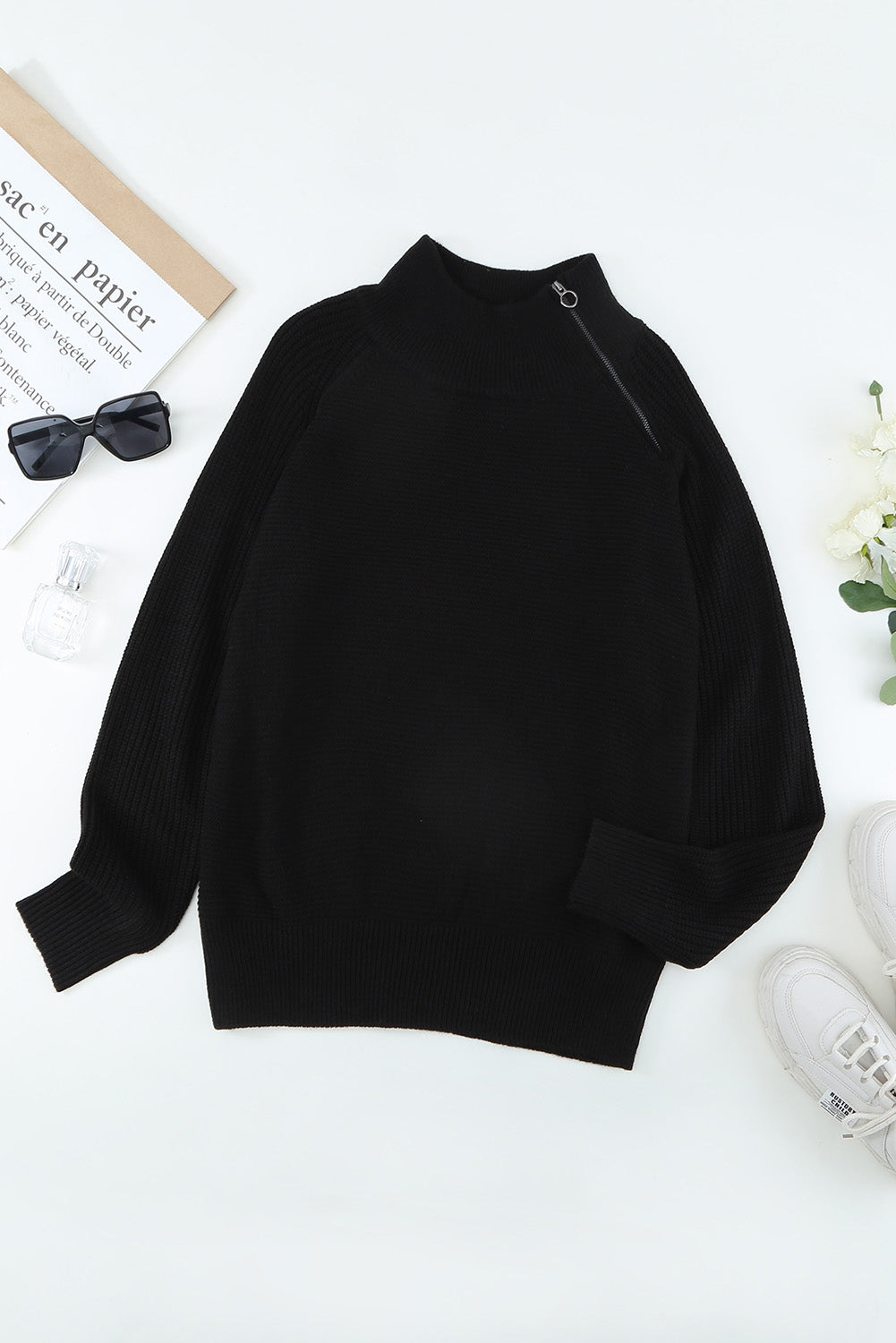 Zip Detail Raglan Sleeve Tunic Sweater
