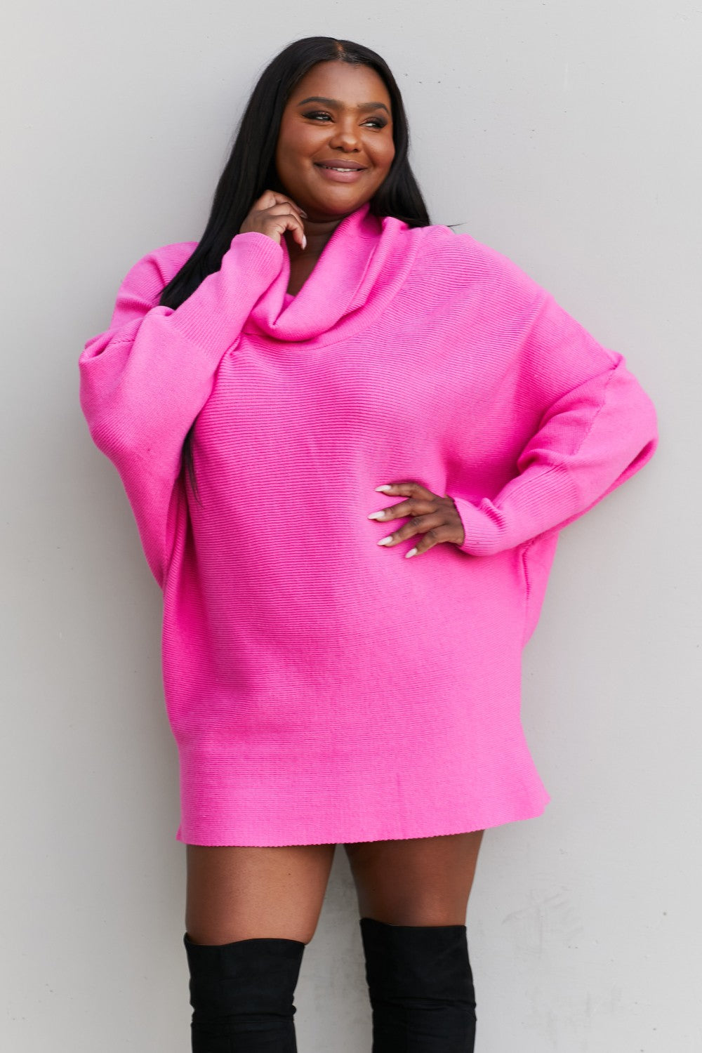 Davi & Dani Full Size Cowl Neck Dolman Sleeve Tunic Sweater