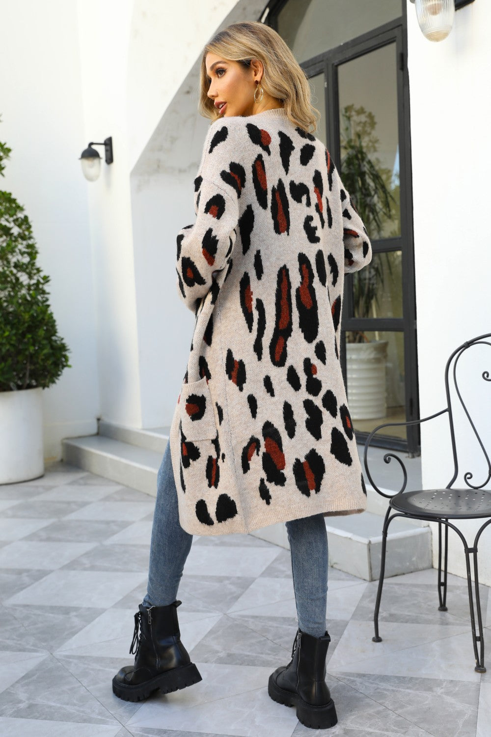 Animal Print Open Front Ribbed Trim Duster Cardigan with Pockets