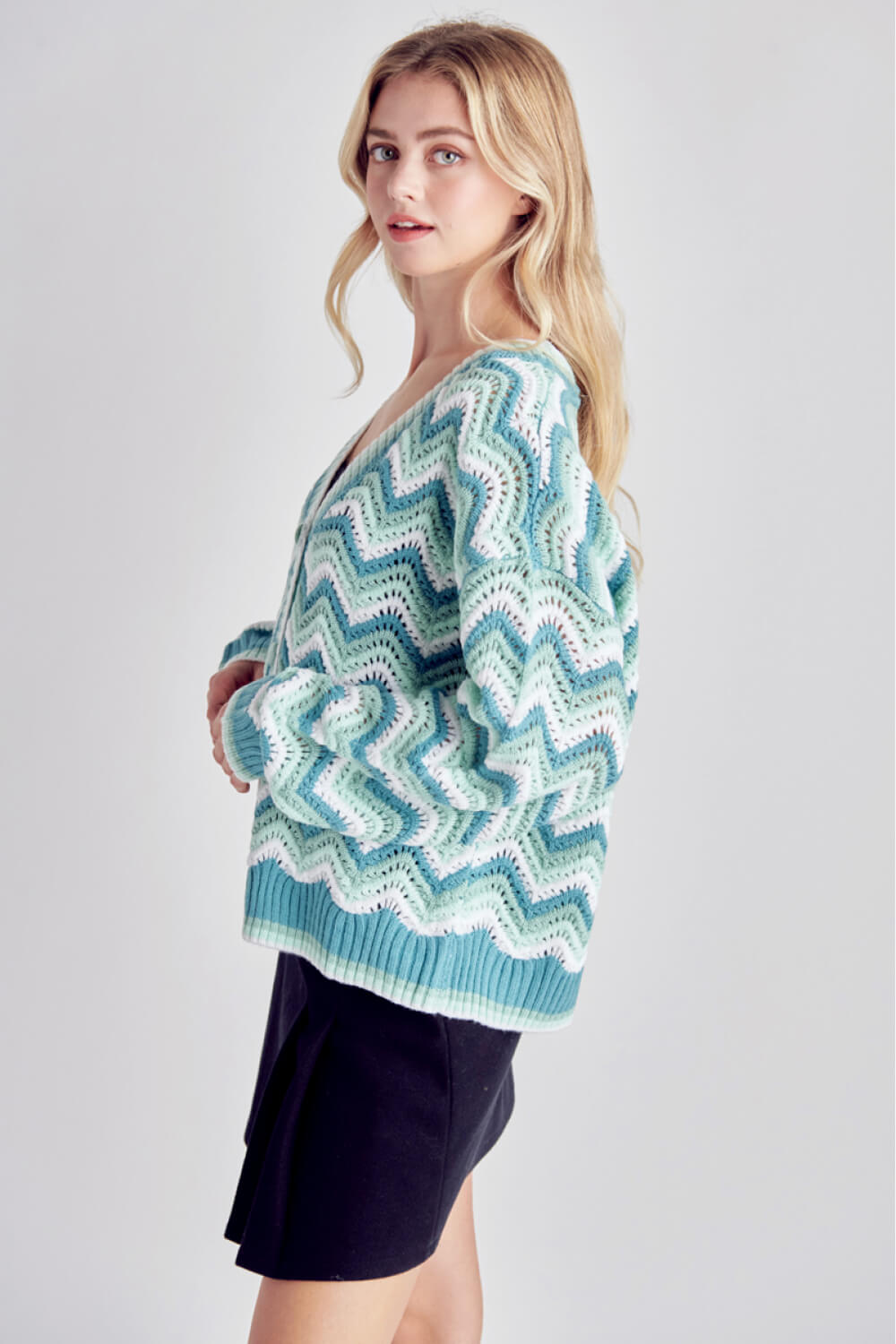 Petal Dew Chevron Openwork Button-Up Cardigan