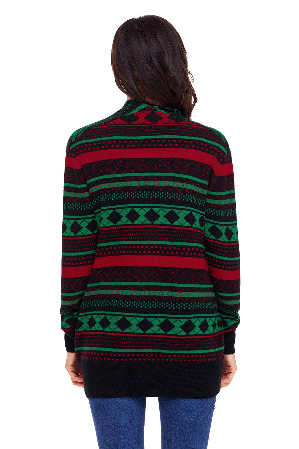 Geometric Print Open Front Longline Cardigan with Pockets