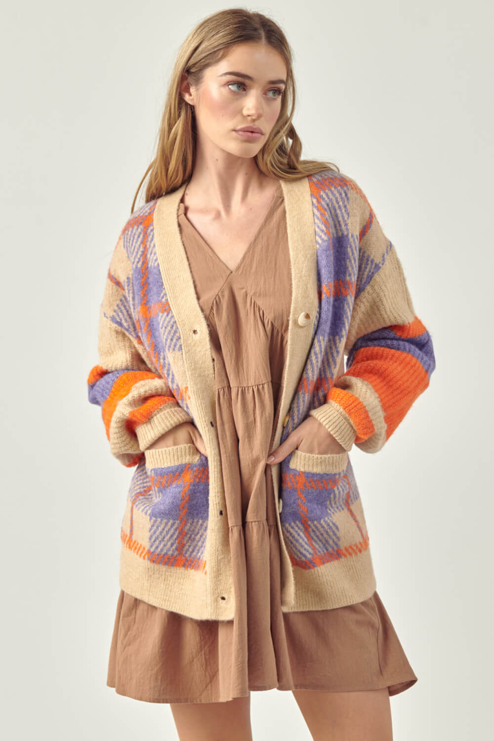Petal Dew Plaid Button-Up Pocket Cardigan