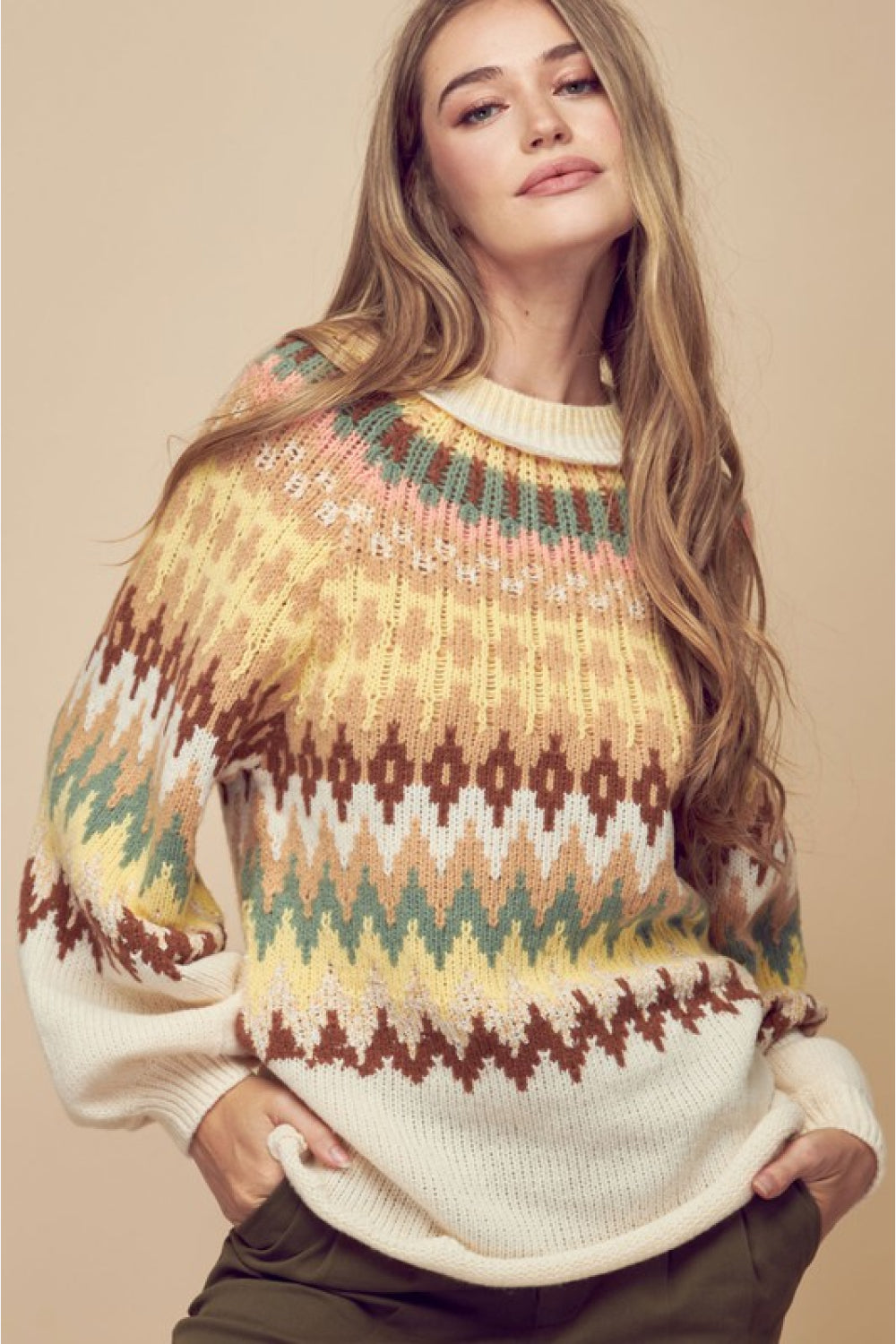 Petal Dew Multicolored Rolled Hem Balloon Sleeve Sweater