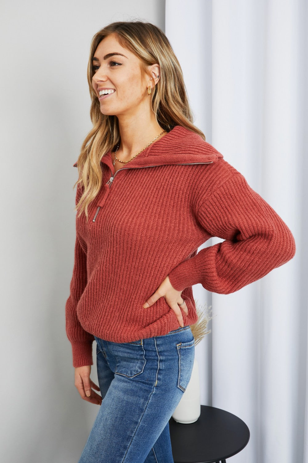 Very J Quarter-Zip Rib-Knit Collared Sweater