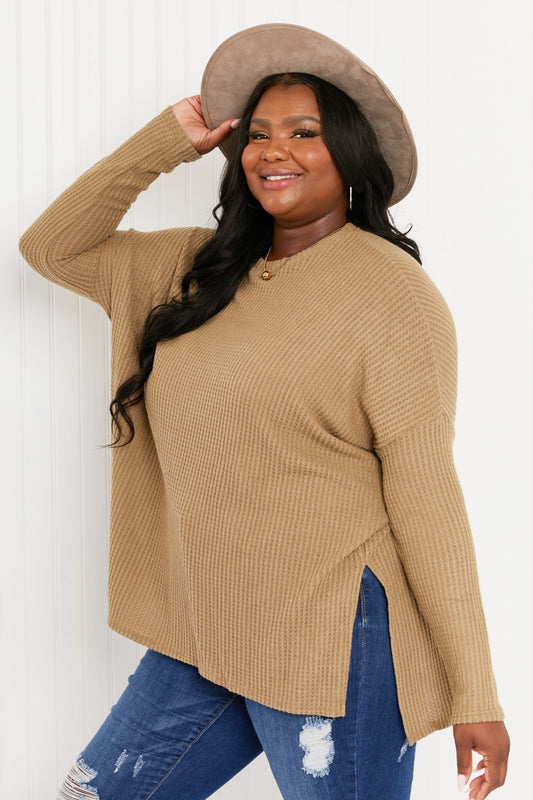 Zenana Cottage Escape Full Size Slit Waffle Knit Sweater