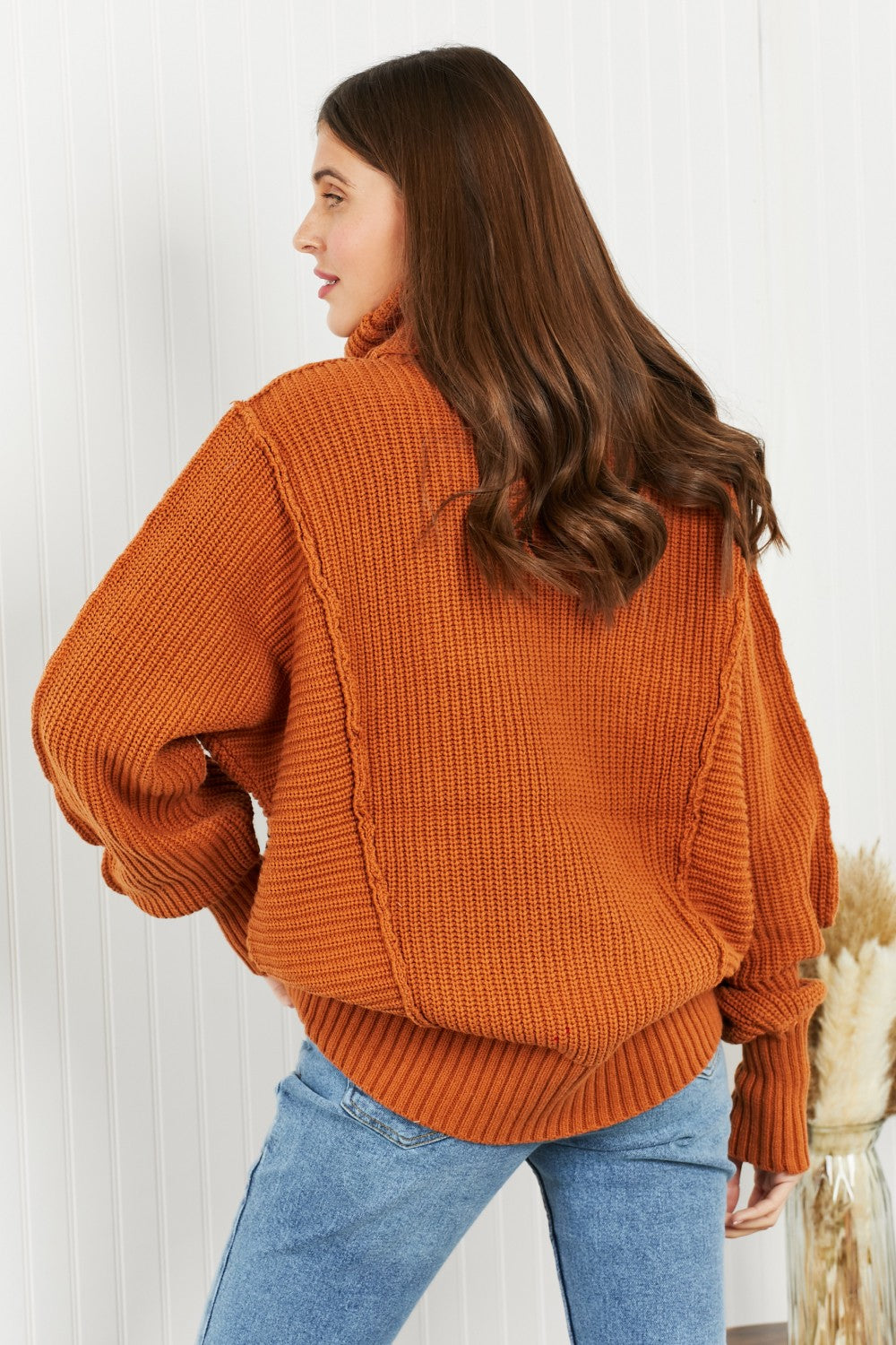 Zenana Exposed Seam Turtleneck Rib-Knit Sweater