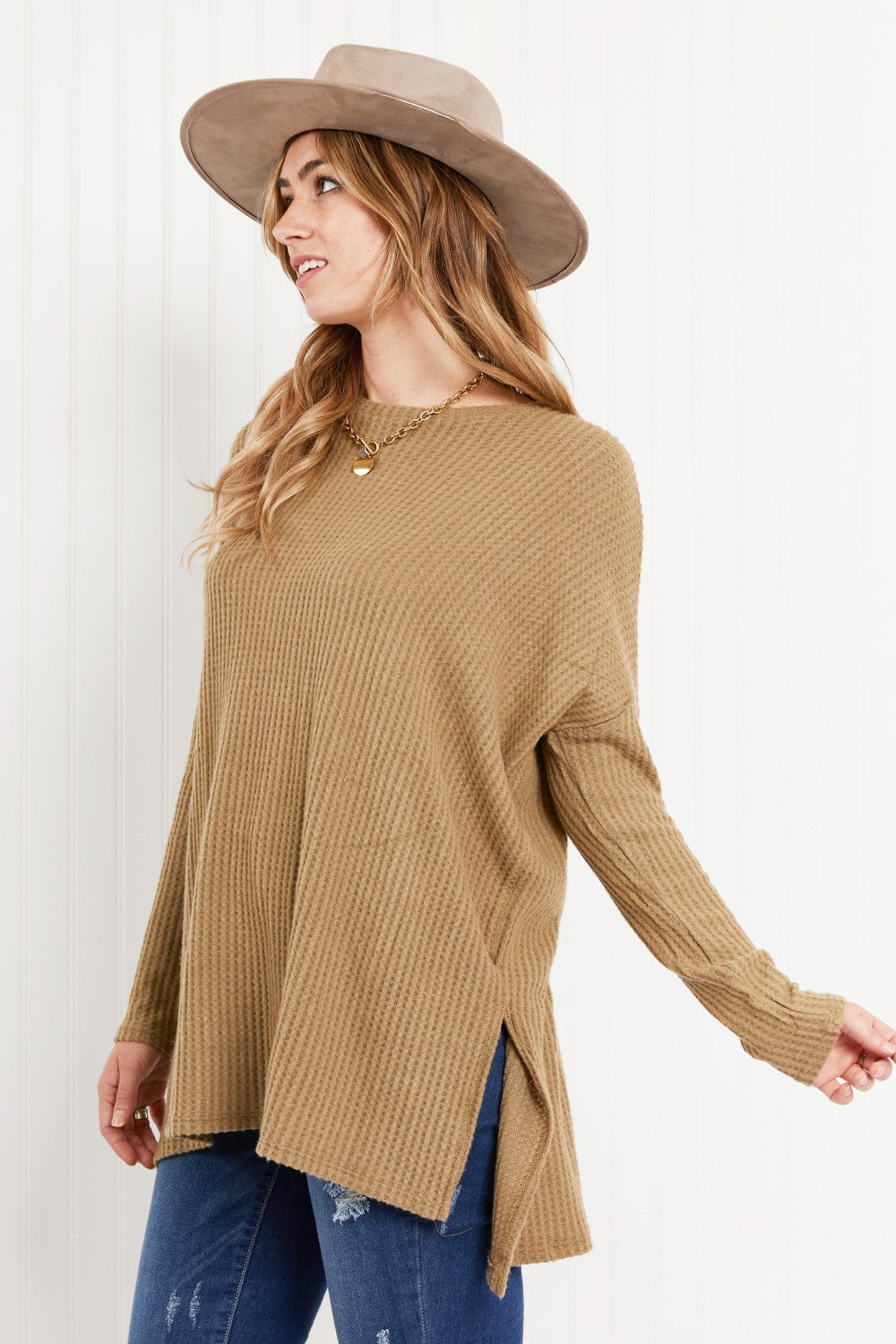 Zenana Cottage Escape Full Size Slit Waffle Knit Sweater