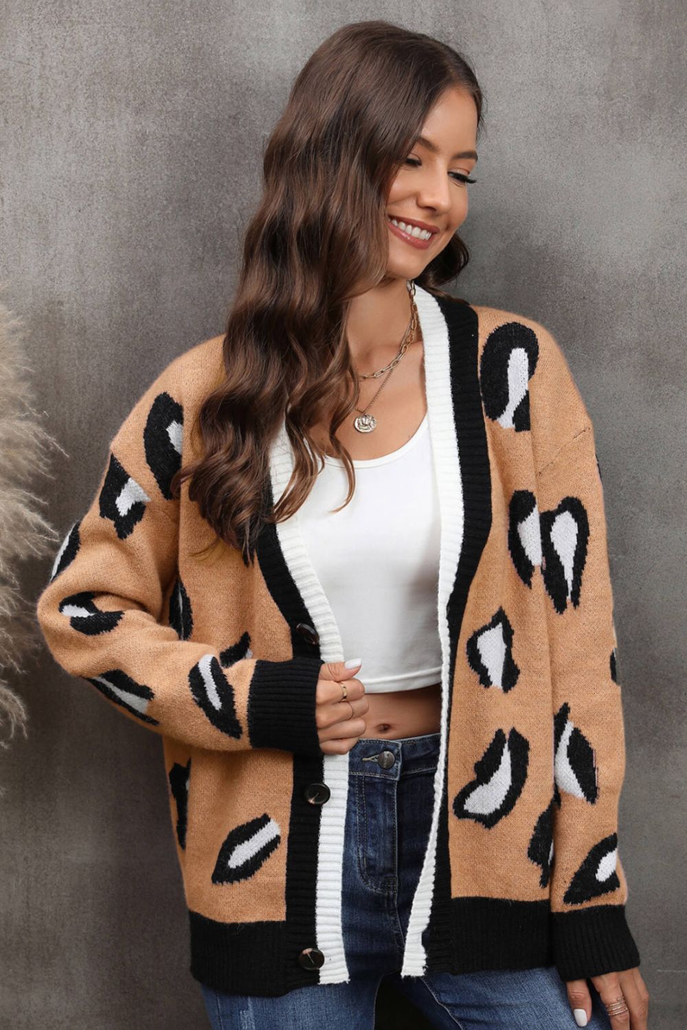 Leopard Ribbed Trim Drop Shoulder Cardigan