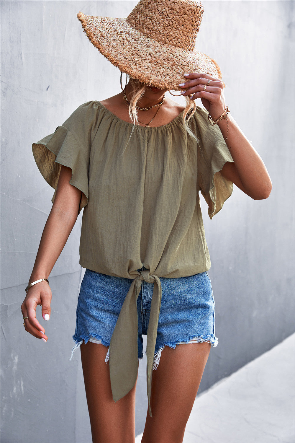 LOT #201 - Flutter Sleeve Tie-Front Blouse