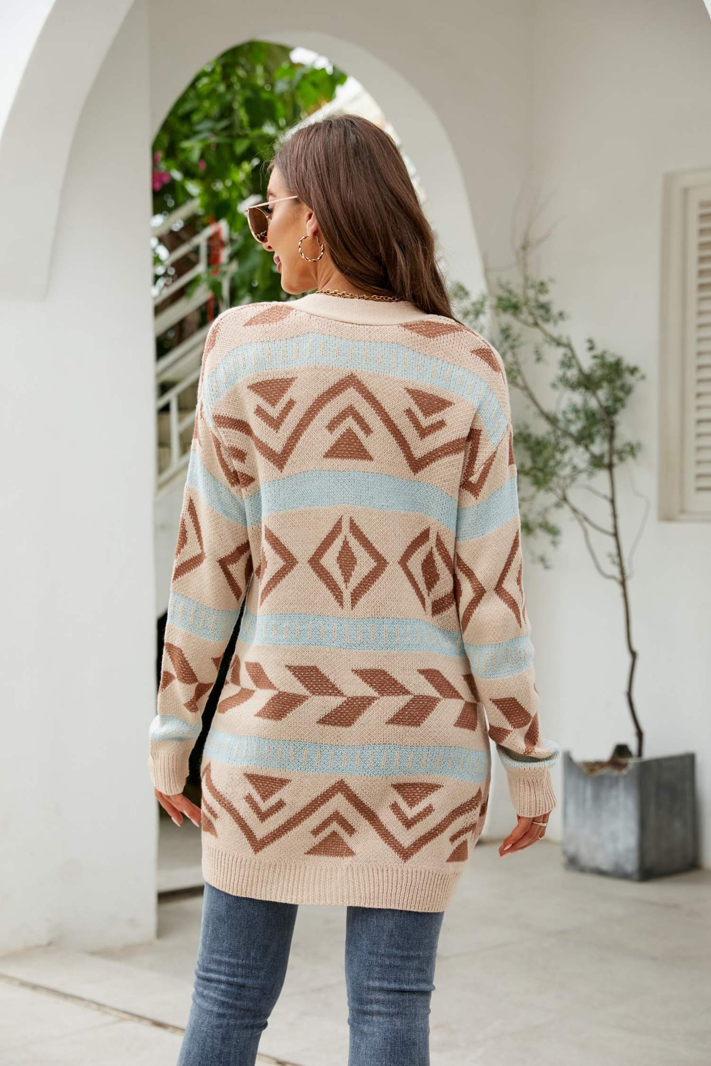 Printed Dropped Shoulder Ribbed Trim Cardigan