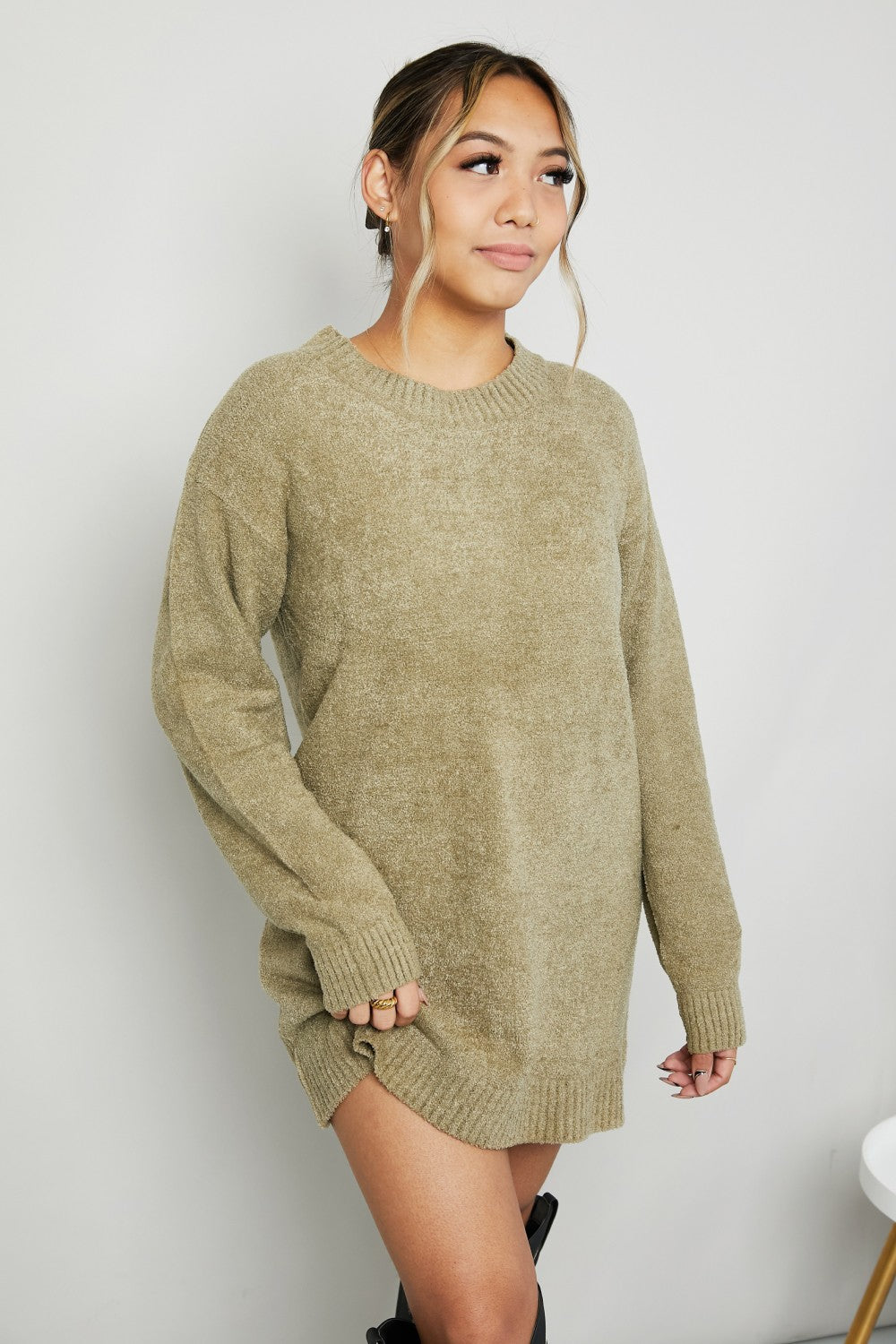 Zenana Ribbed Trim Round Neck Drop Shoulder Sweater