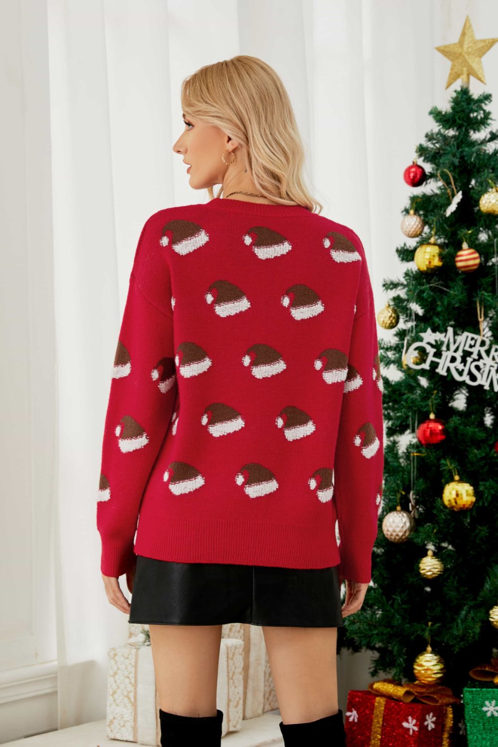 Christmas Hat Round Neck Dropped Shoulder Sweater