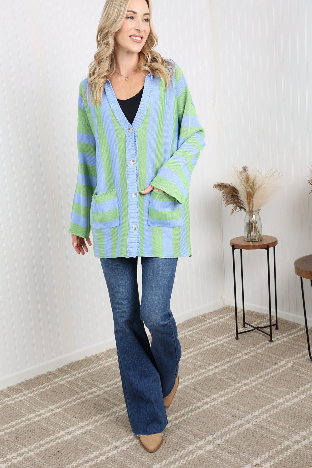 Petal Dew Striped Button-Up Pocket Cardigan