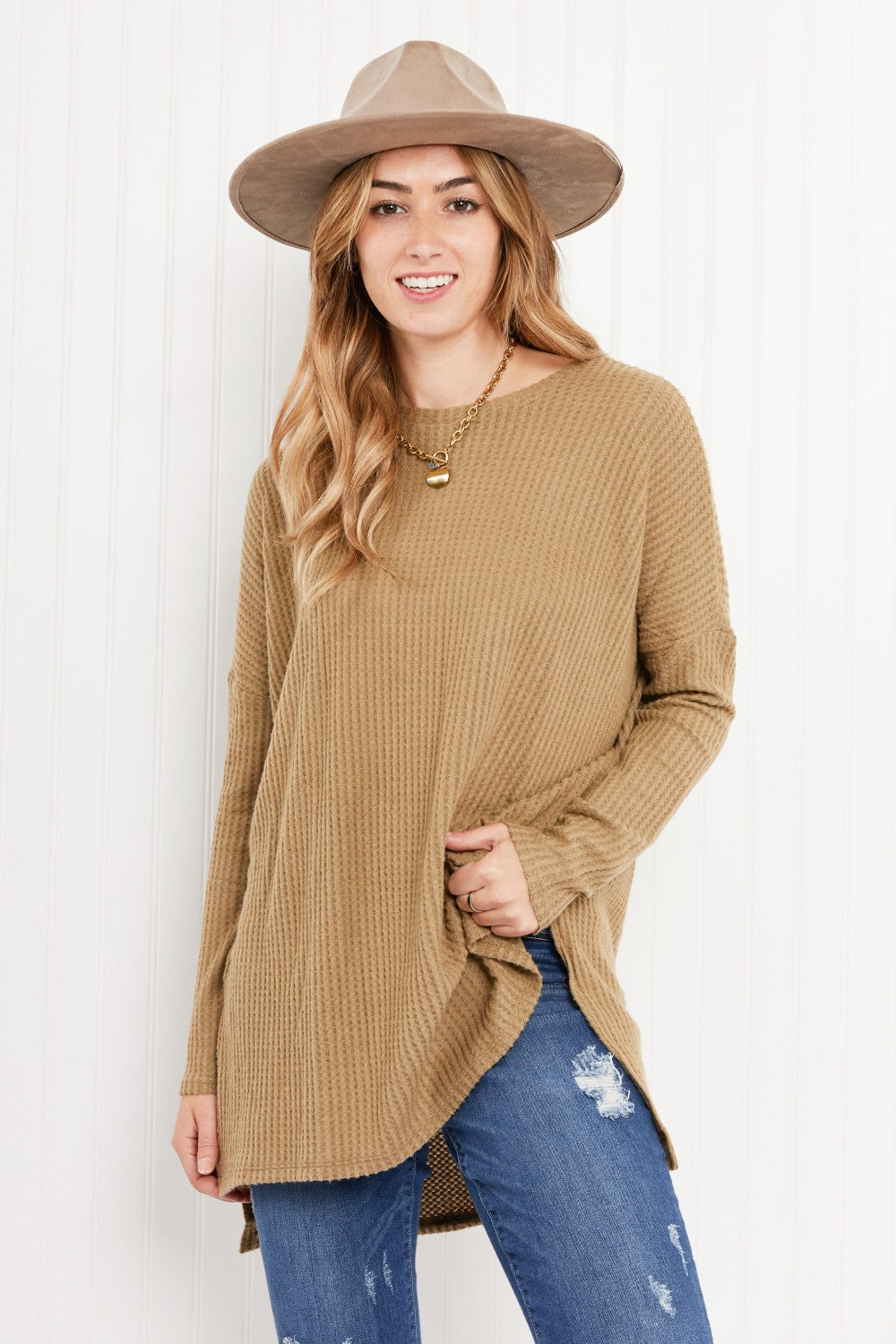Zenana Cottage Escape Full Size Slit Waffle Knit Sweater