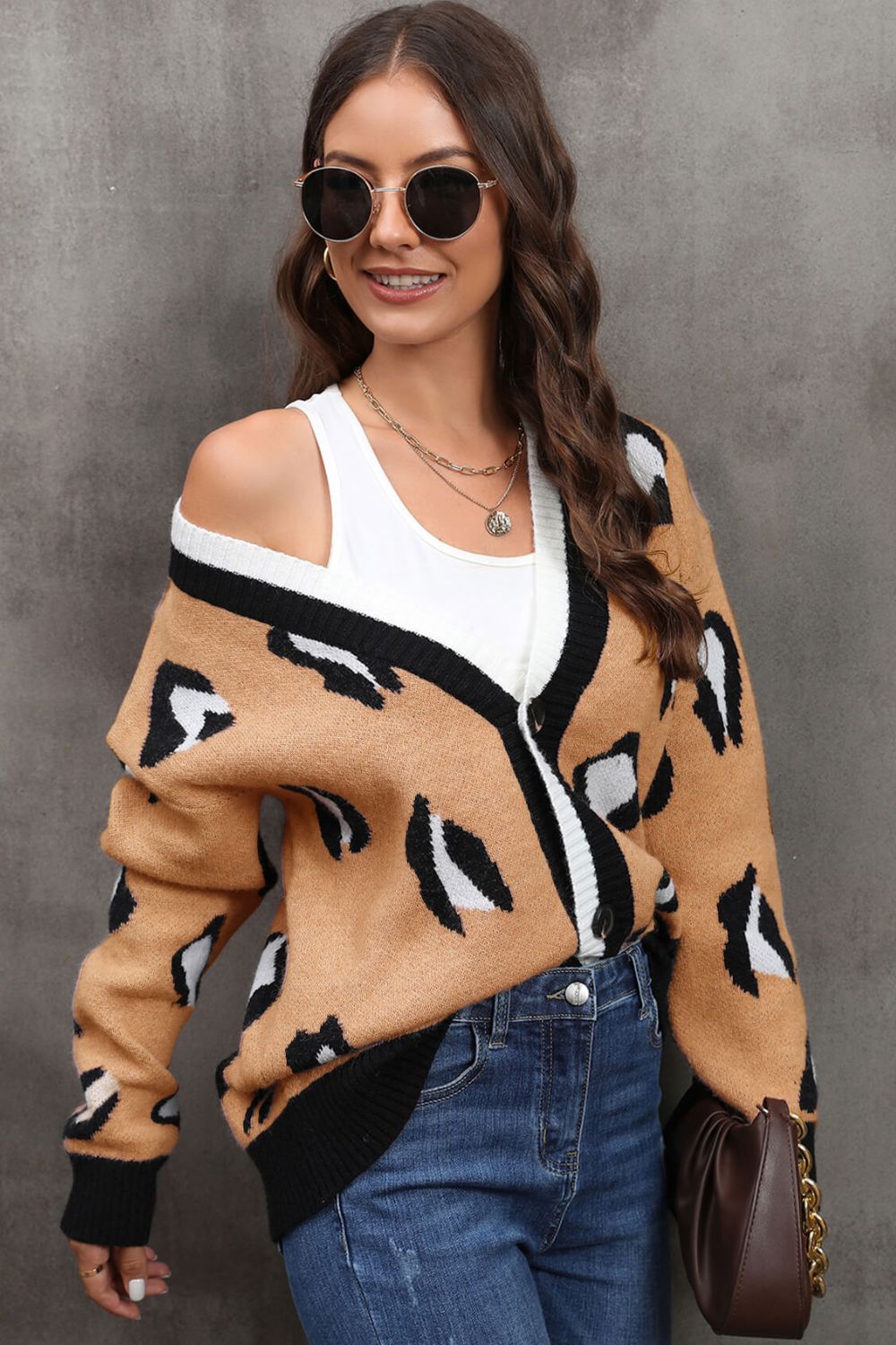 Leopard Ribbed Trim Drop Shoulder Cardigan
