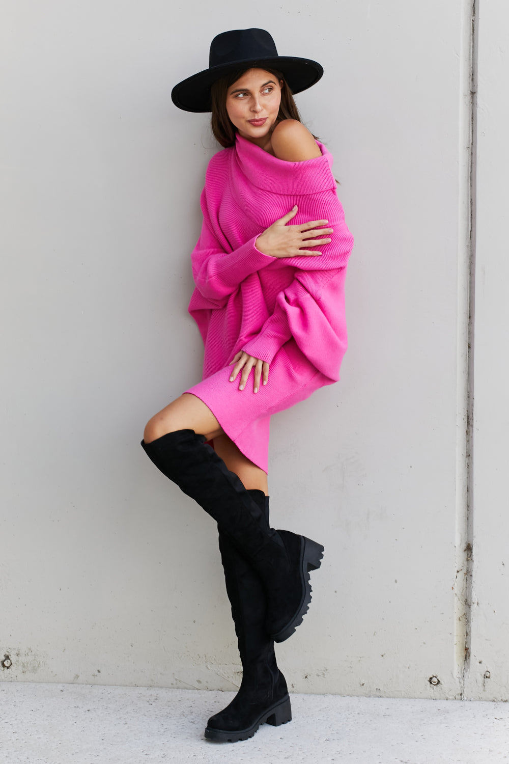 Davi & Dani Full Size Cowl Neck Dolman Sleeve Tunic Sweater
