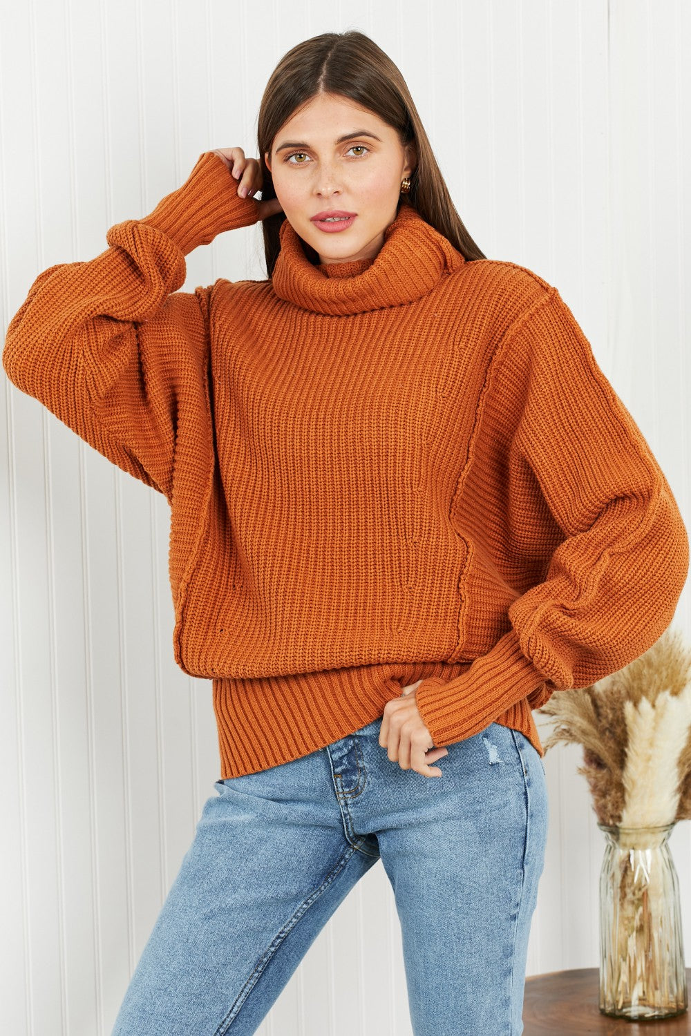 Zenana Exposed Seam Turtleneck Rib-Knit Sweater