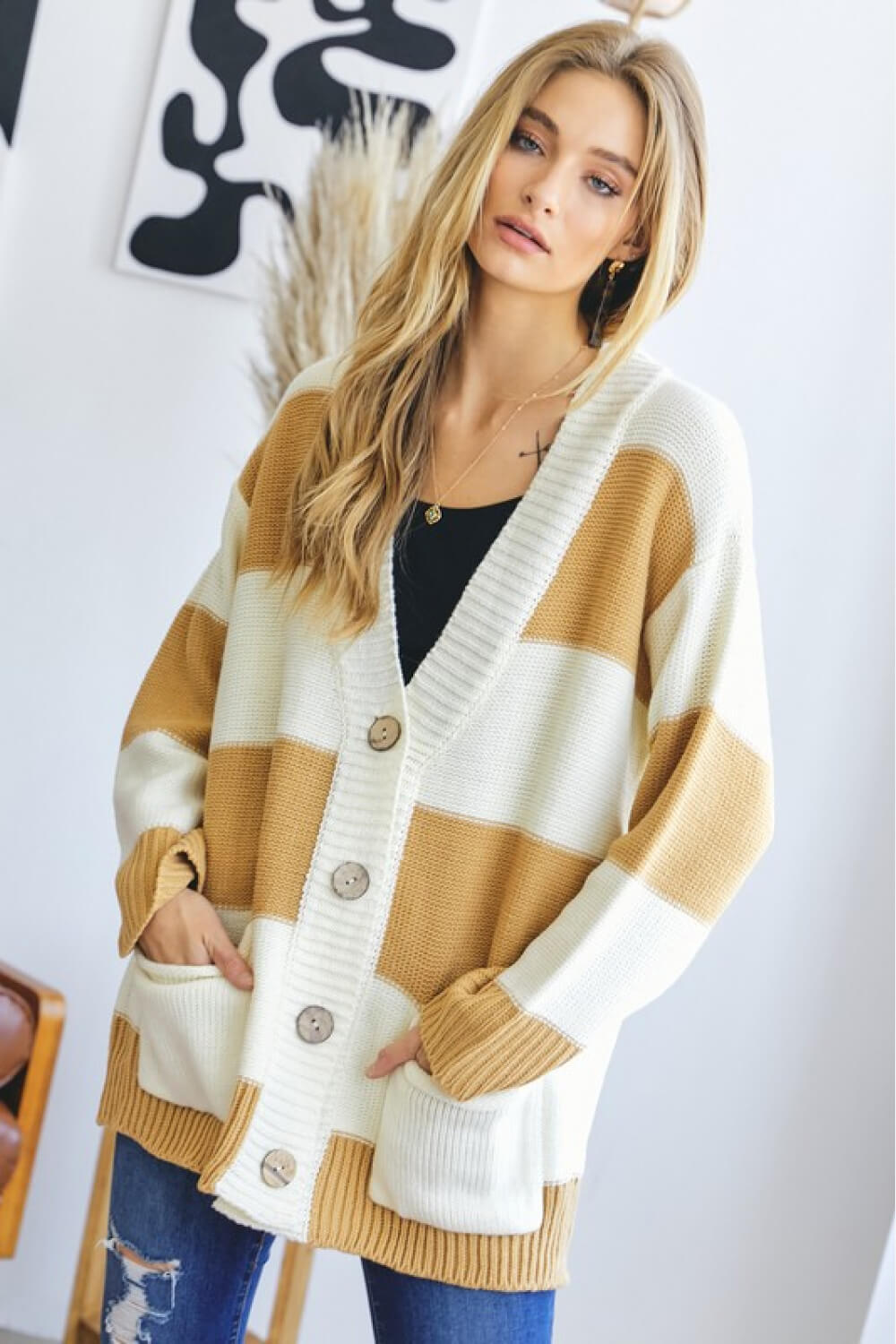 Davi & Dani Full Size Striped Button-Up Drop Shoulder Pocket Cardigan