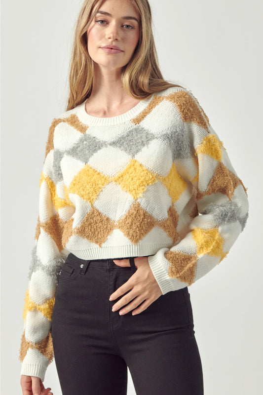 Petal Dew Argyle Round Neck Cropped Sweater