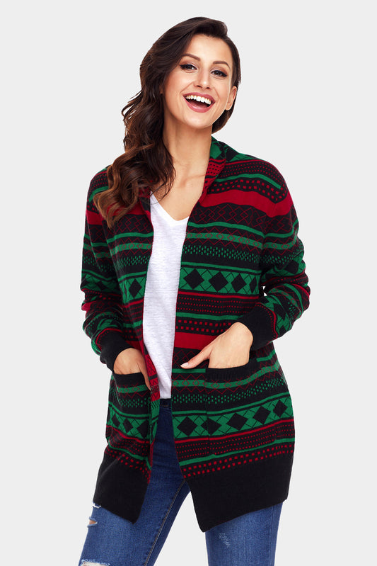 Geometric Print Open Front Longline Cardigan with Pockets
