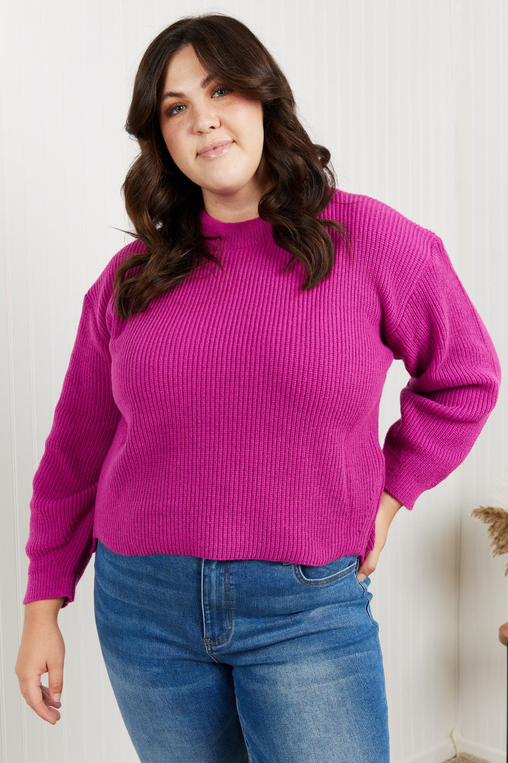 Heimish Losing Track Full Size Hem Detail Rib-Knit Sweater in Magenta
