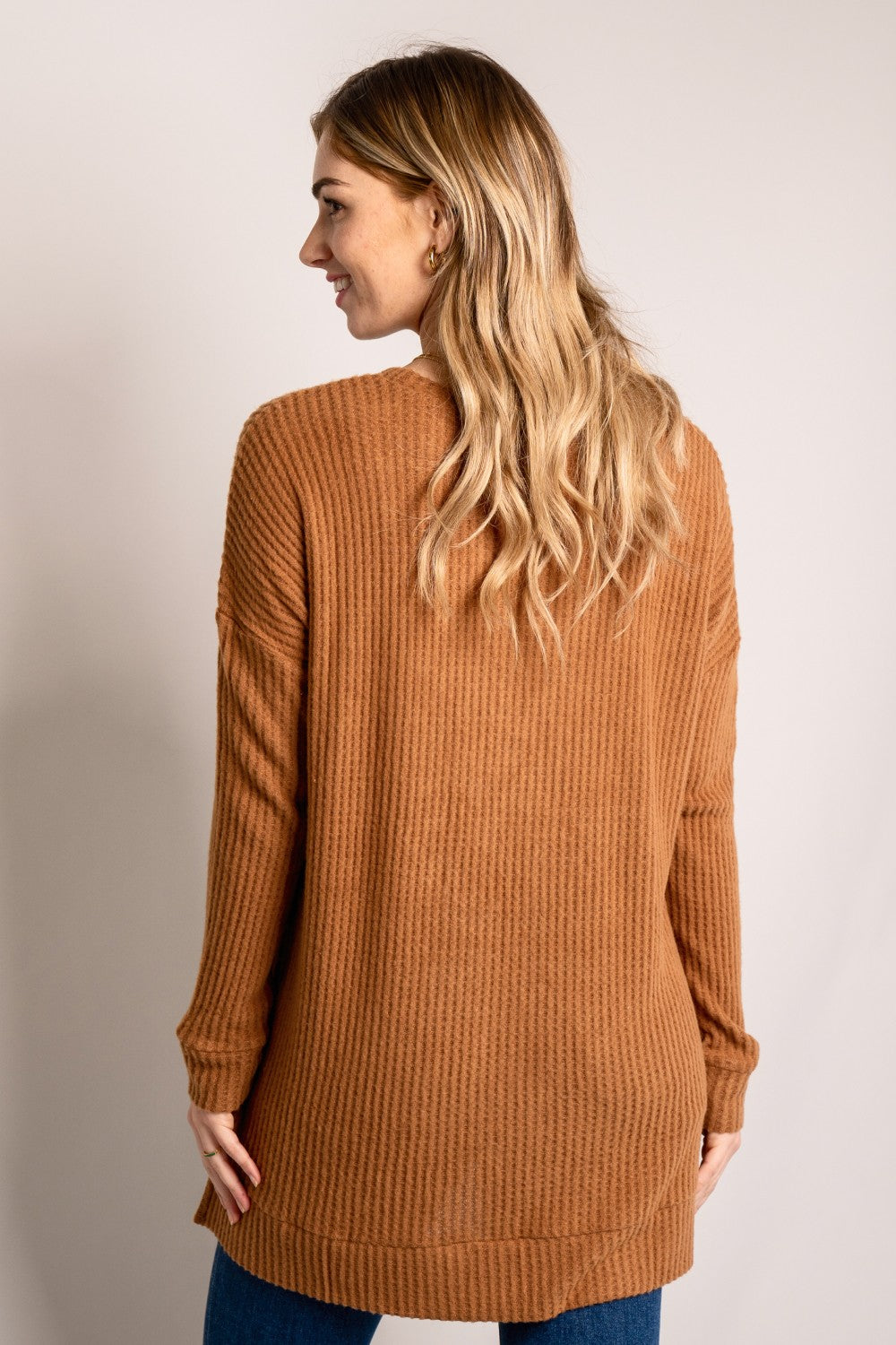 Zenana Full Size Round Neck Waffle-Knit Slit Tunic Sweater