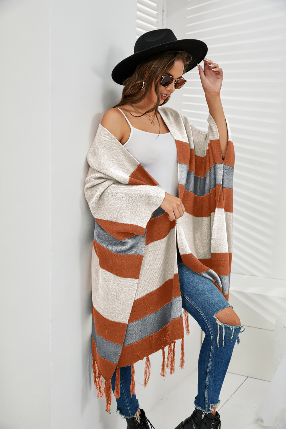 Striped Fringe Hem Open Front Longline Cardigan