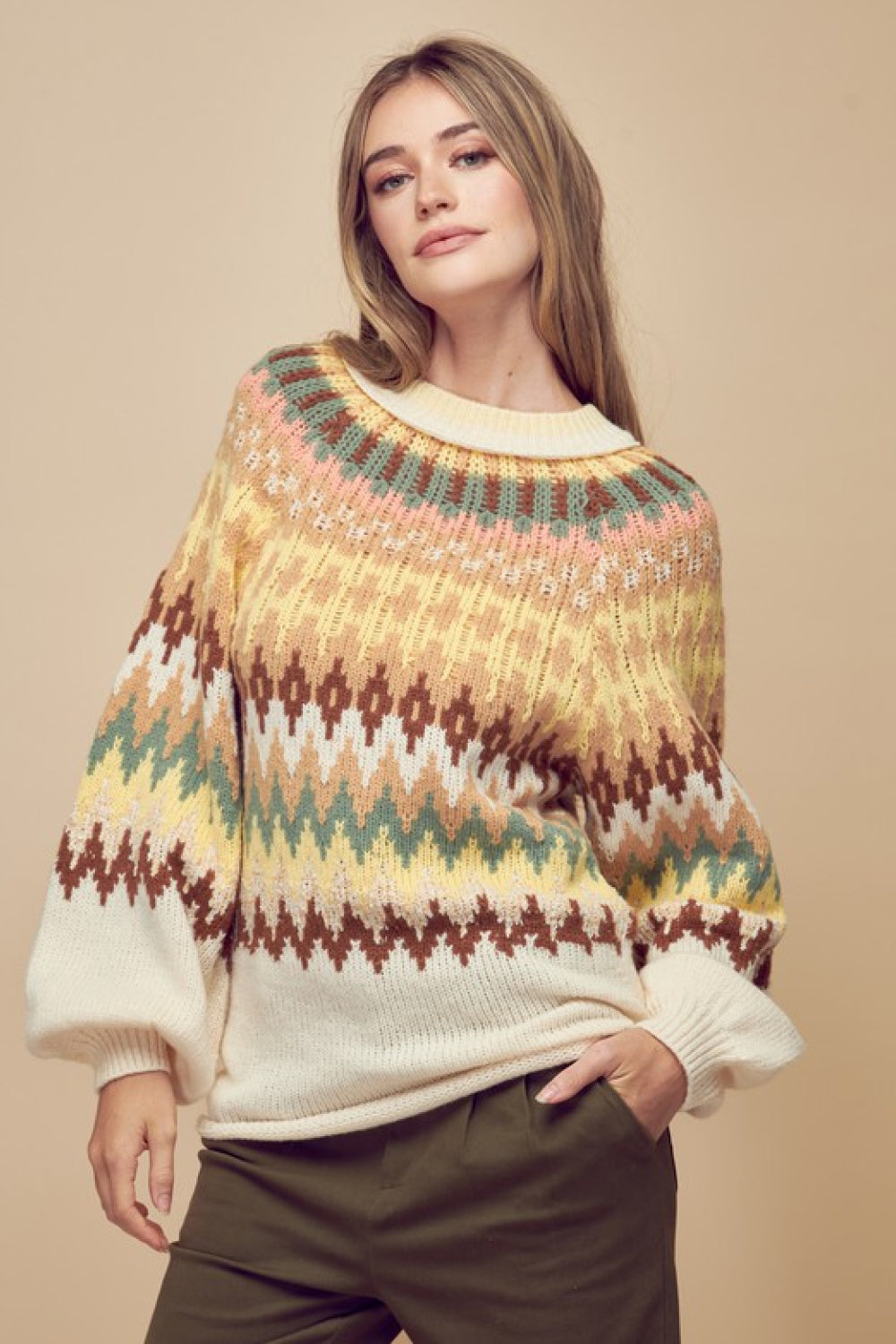 Petal Dew Multicolored Rolled Hem Balloon Sleeve Sweater