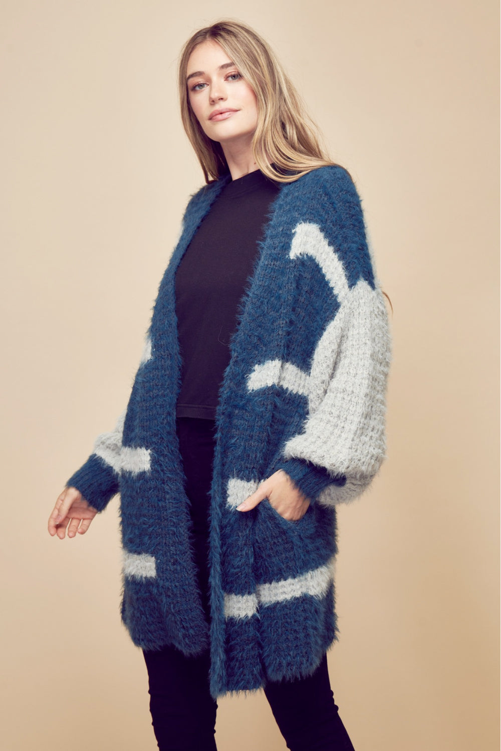 Petal Dew Striped Balloon Sleeve Open Front Fluffy Cardigan