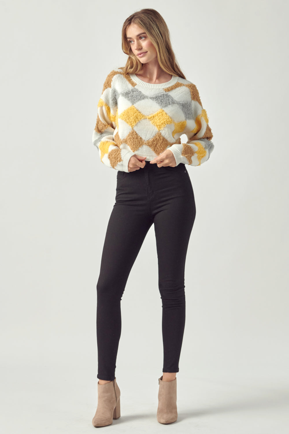 Petal Dew Argyle Round Neck Cropped Sweater