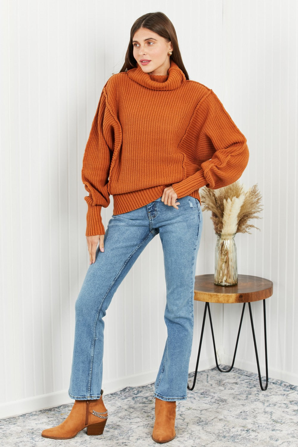 Zenana Exposed Seam Turtleneck Rib-Knit Sweater