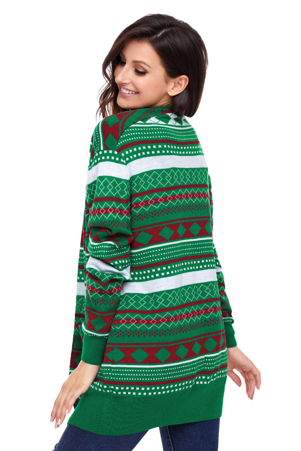 Geometric Print Open Front Longline Cardigan with Pockets