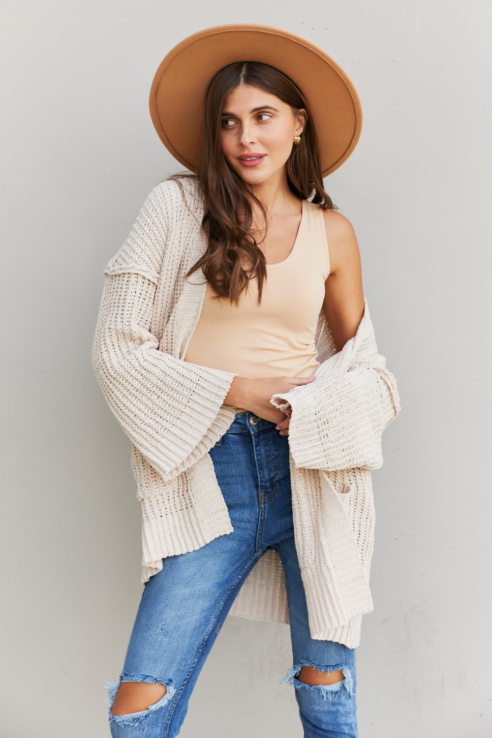 Very J Exposed Seam Flare Sleeve Open Front Cardigan