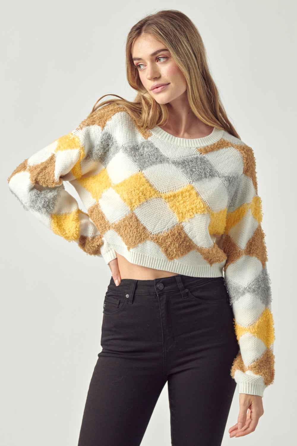 Petal Dew Argyle Round Neck Cropped Sweater