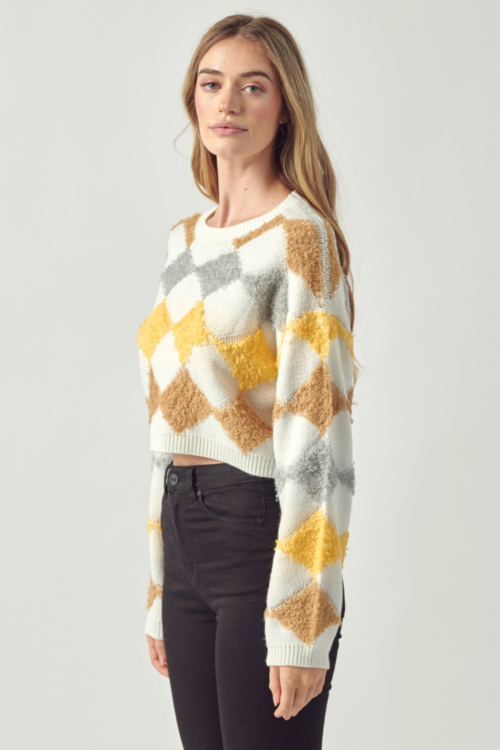 Petal Dew Argyle Round Neck Cropped Sweater