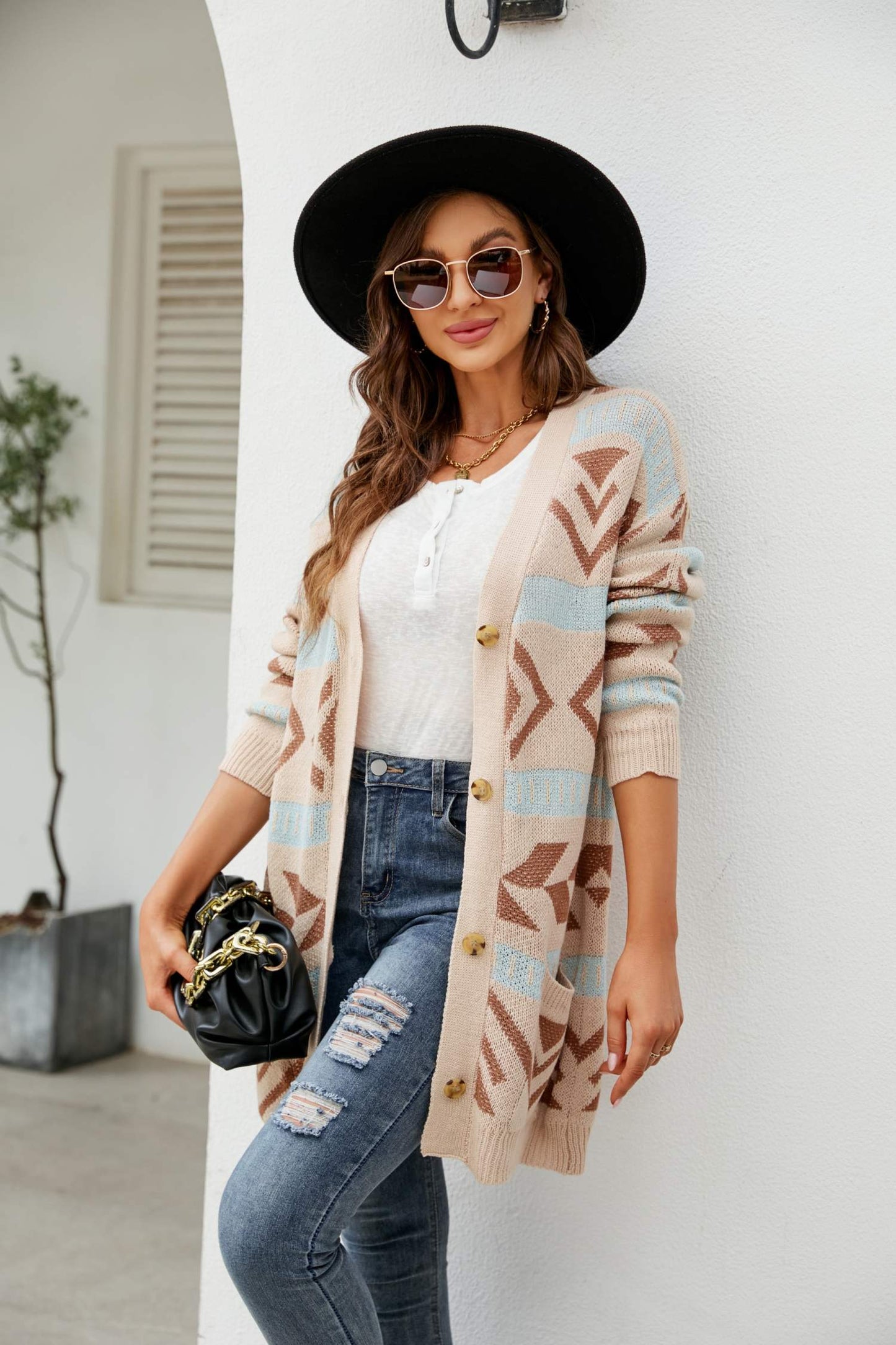 Printed Dropped Shoulder Ribbed Trim Cardigan