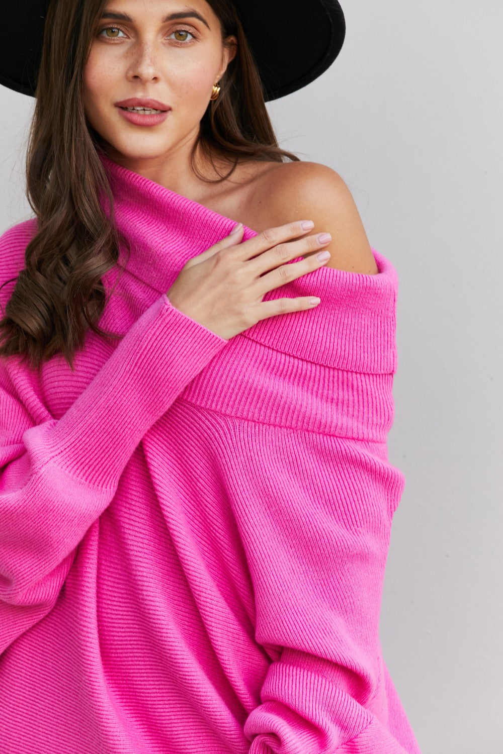 Davi & Dani Full Size Cowl Neck Dolman Sleeve Tunic Sweater