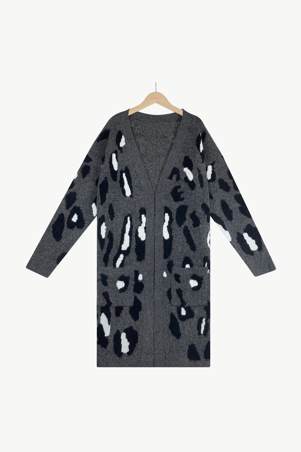 Animal Print Open Front Ribbed Trim Duster Cardigan with Pockets